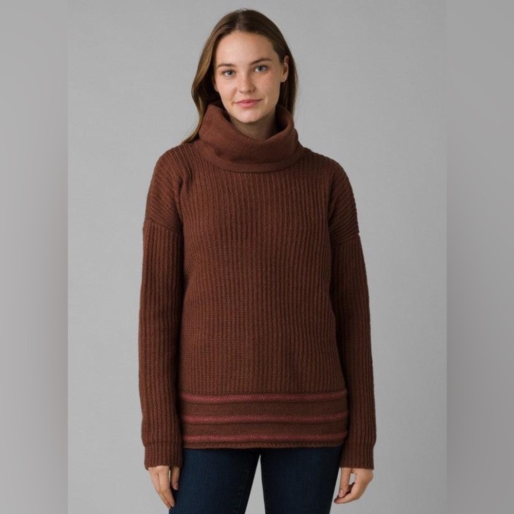 PRANA Funnel Neck Sweater Women’s S. Brown (Clove) Pink Striped Hem, Wool Blend